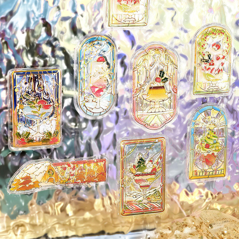 BGM Kyururun stained-glass Christmas stickers catching the light on an iridescent surface