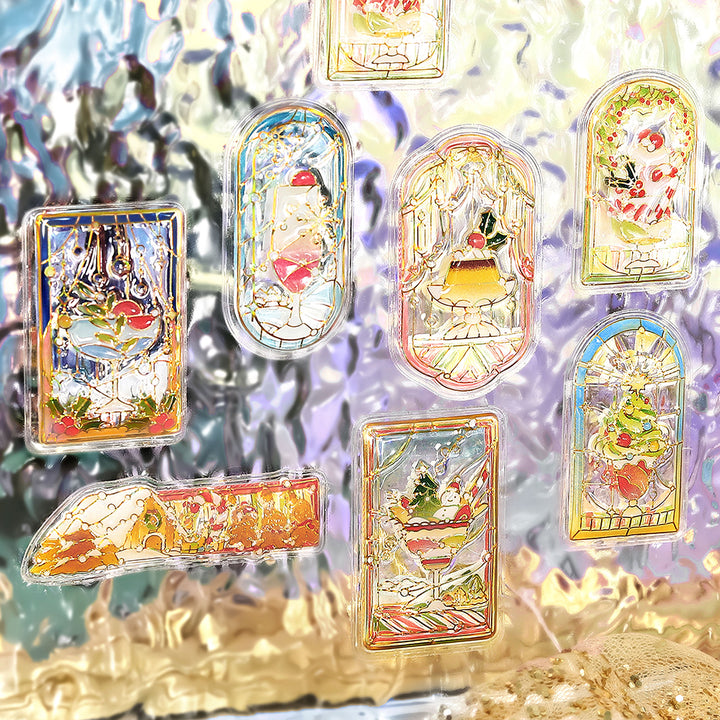 BGM Kyururun stained-glass Christmas stickers catching the light on an iridescent surface