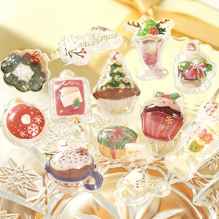 Close-up of glossy BGM Kyururun 3D stickers: wreath, donut, Christmas tree cupcake, sundae and hot drink