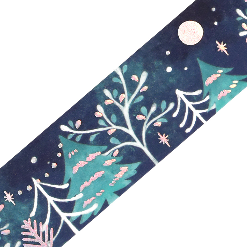 Close-up of BGM Moonlit Forest washi tape: white branches, teal fir trees and iridescent foil moon, stars and snow