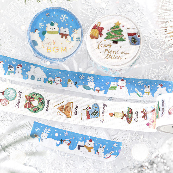 BGM Pieni Stitch and Various Snowmen Christmas washi tapes unrolled on frosted glass
