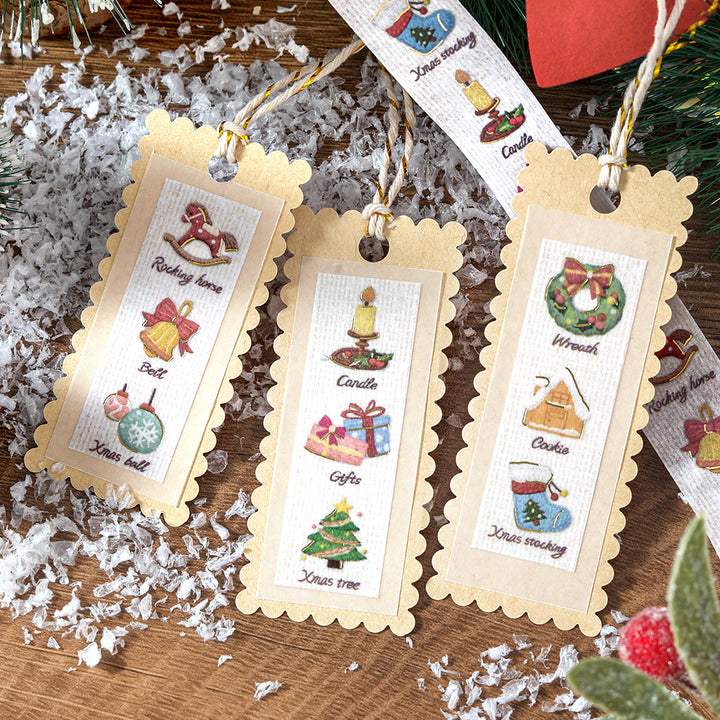 Three scalloped kraft gift tags decorated with cut sections of BGM Pieni Stitch washi tape