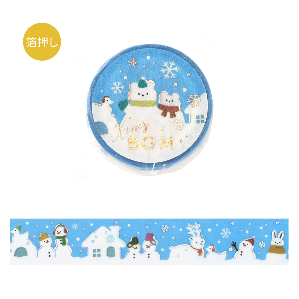 BGM Christmas Limited Various Snowmen foil washi tape, 15mm roll and strip with snowmen, rabbits and snow houses on a blue sky