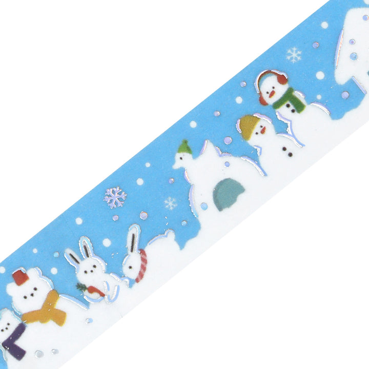 Close-up of BGM Various Snowmen washi tape: snowmen in earmuffs and hats, snow rabbits and iridescent foil snowflakes