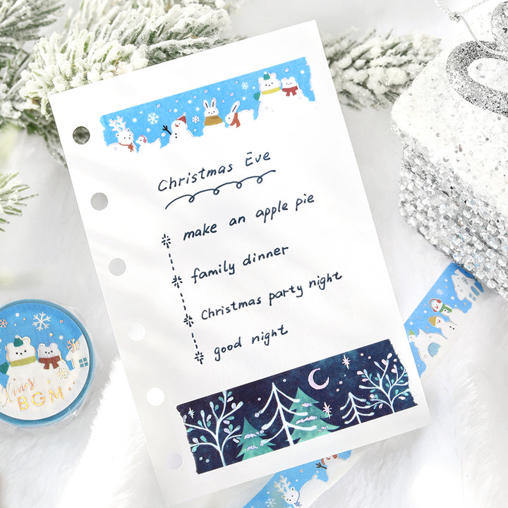 Christmas Eve planner page with BGM Various Snowmen washi tape across the top and Moonlit Forest tape at the bottom