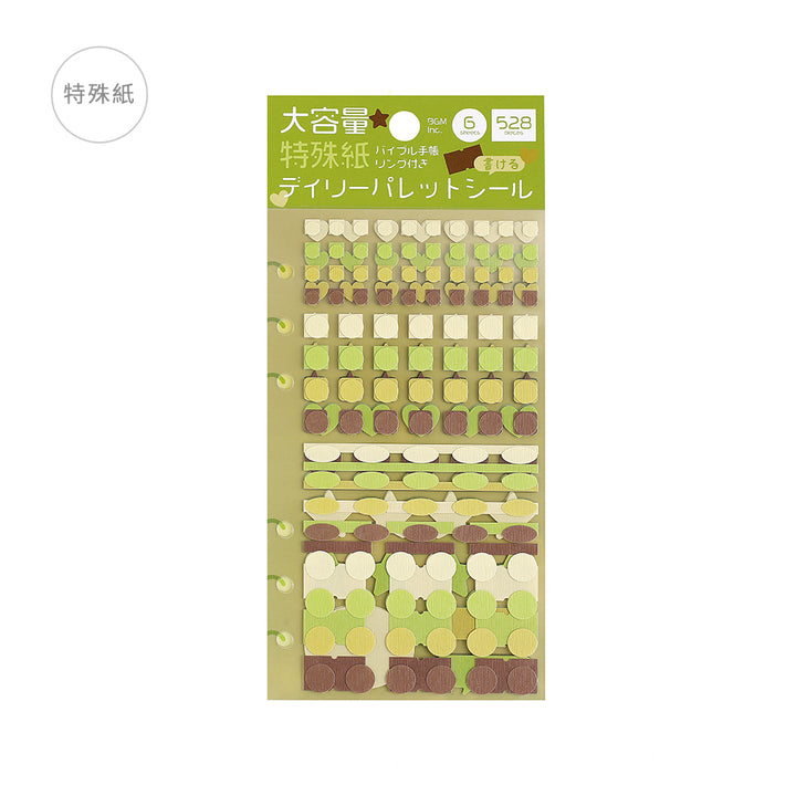 BGM Daily Palette Seat Seal Olive stickers in natural green and brown shades with assorted shapes.