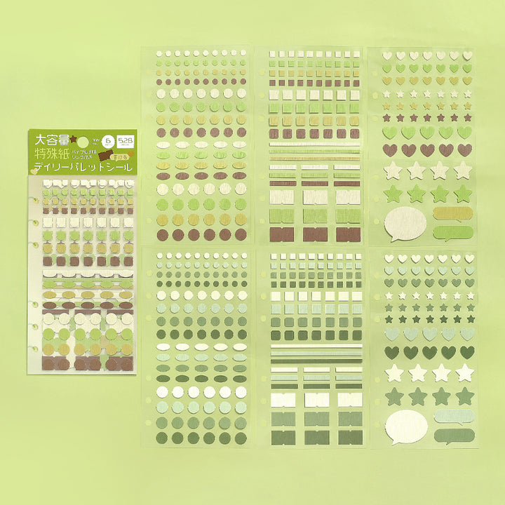 BGM Daily Palette Seat Seal Olive stickers in natural green and brown shades with assorted shapes.