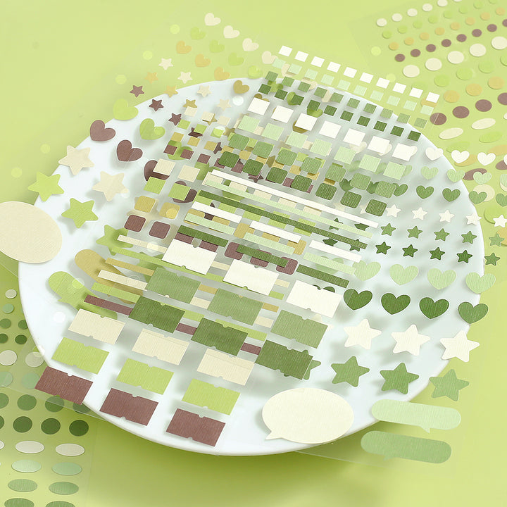 BGM Daily Palette Seat Seal Olive stickers in natural green and brown shades with assorted shapes.
