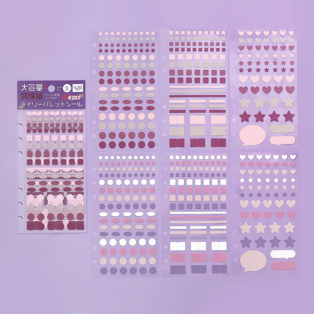 BGM Daily Palette Seat Seal Raspberry stickers featuring dots, hearts, stars, and tabs in shades of pink and red.