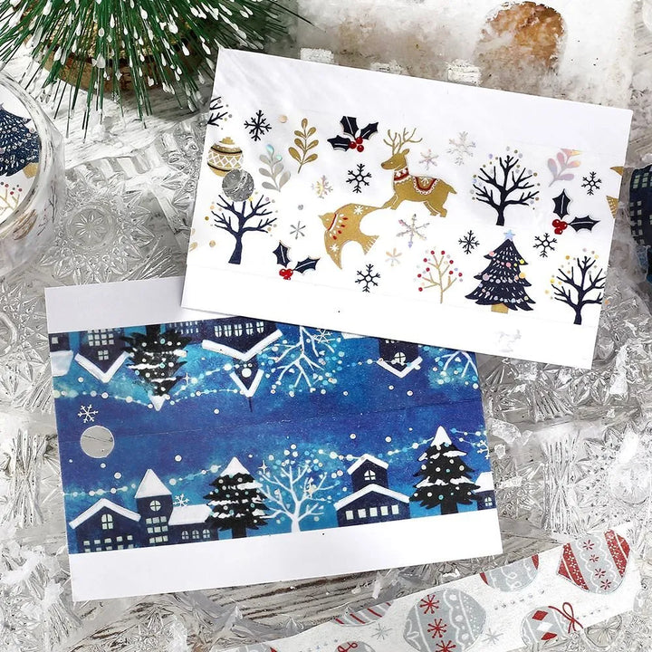 BGM Christmas Forest washi tape featuring gold foil reindeer and trees.