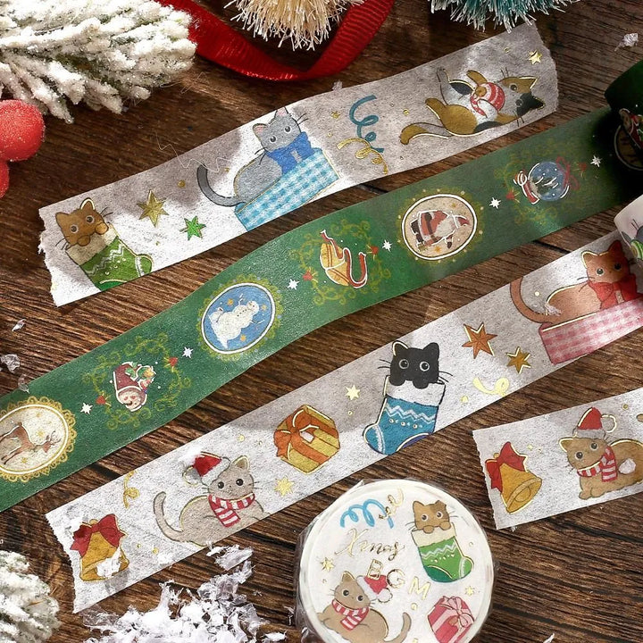 BGM Christmas washi tape featuring cute cats in stockings with gold foil details.
