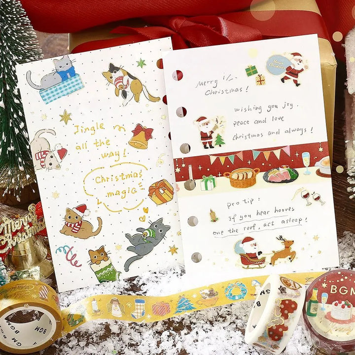 BGM Christmas washi tape featuring cute cats in stockings with gold foil details.