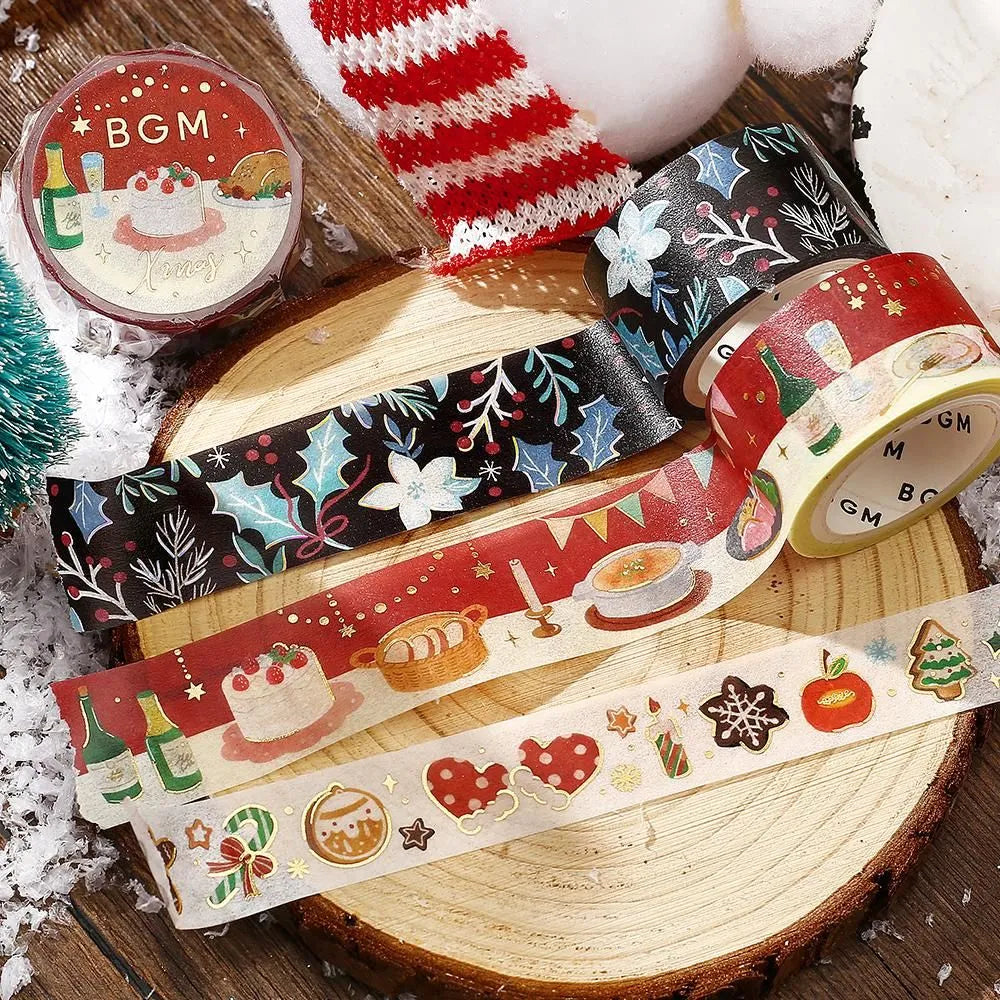 BGM Christmas washi tape featuring Christmas dinner, wine, and gold foil accents.