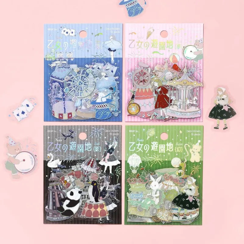 BGM Foil Stamping Clear Seal – Maiden’s Amusement Park series featuring multiple PET sticker sets with 30 sheets each. Designs include dreamy amusement park themes like carousels, pastel girls, cotton candy, and whimsical rides, all enhanced with foil accents and soft color palettes.