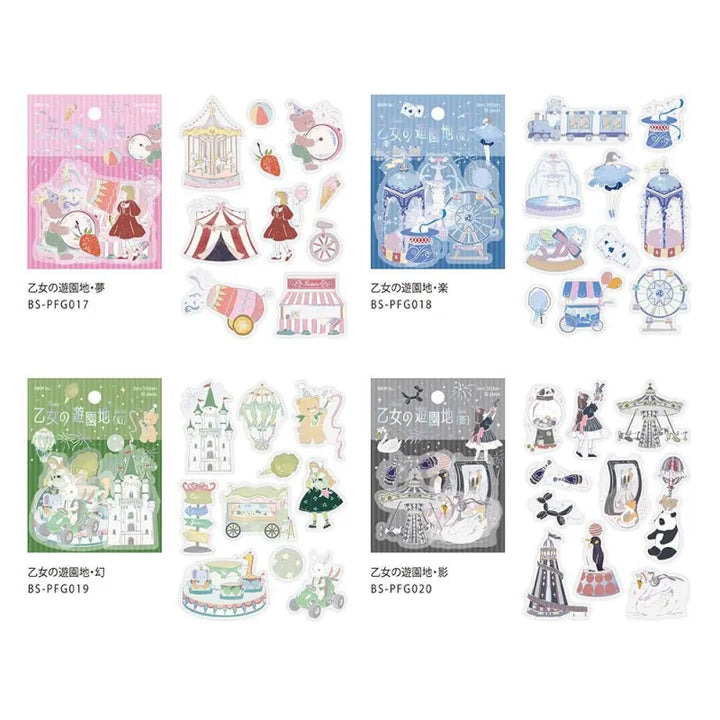BGM Foil Stamping Clear Seal – Maiden’s Amusement Park series featuring multiple PET sticker sets with 30 sheets each. Designs include dreamy amusement park themes like carousels, pastel girls, cotton candy, and whimsical rides, all enhanced with foil accents and soft color palettes.