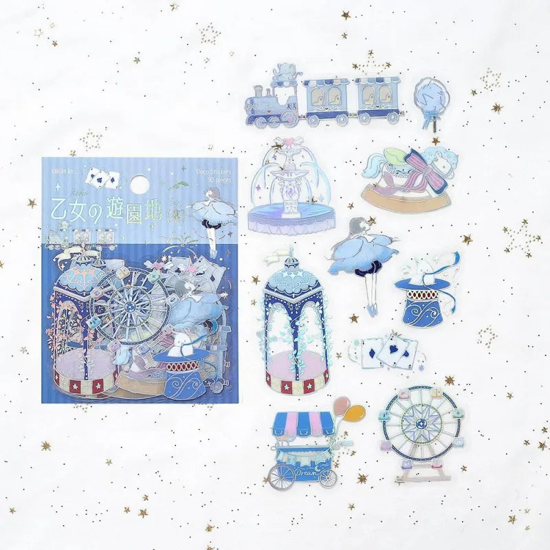  BGM Foil Stamping Clear Seal – Maiden’s Amusement Park: Delight with 30 PET sheets of colorful, amusement park-inspired designs including girls, rides, and treats, all enhanced with shimmering foil.