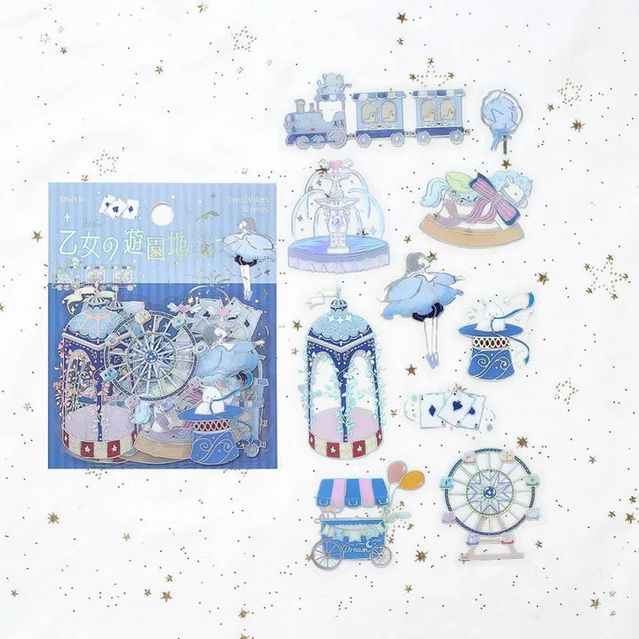  BGM Foil Stamping Clear Seal – Maiden’s Amusement Park: Delight with 30 PET sheets of colorful, amusement park-inspired designs including girls, rides, and treats, all enhanced with shimmering foil.