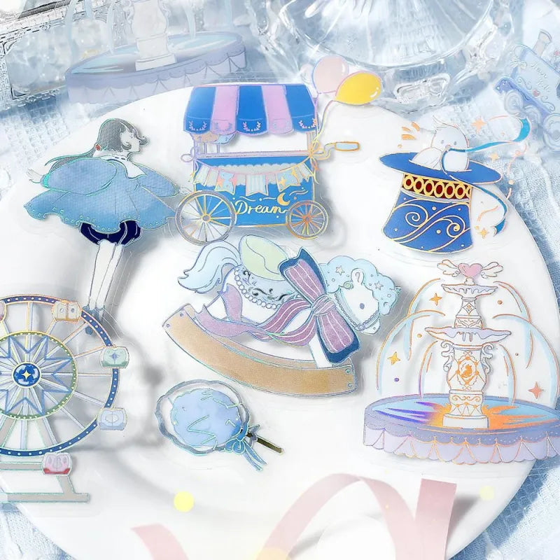  BGM Foil Stamping Clear Seal – Maiden’s Amusement Park: Delight with 30 PET sheets of colorful, amusement park-inspired designs including girls, rides, and treats, all enhanced with shimmering foil.