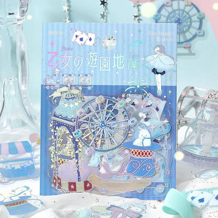  BGM Foil Stamping Clear Seal – Maiden’s Amusement Park: Delight with 30 PET sheets of colorful, amusement park-inspired designs including girls, rides, and treats, all enhanced with shimmering foil.