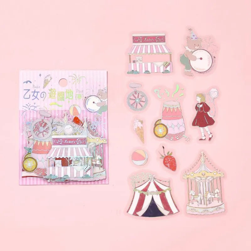 BGM Foil Stamping Clear Seal – Maiden’s Amusement Park: Dream design featuring 30 PET sticker sheets with 10 dreamy carousel and amusement park designs per sheet, enhanced with pastel colors and foil accents.
