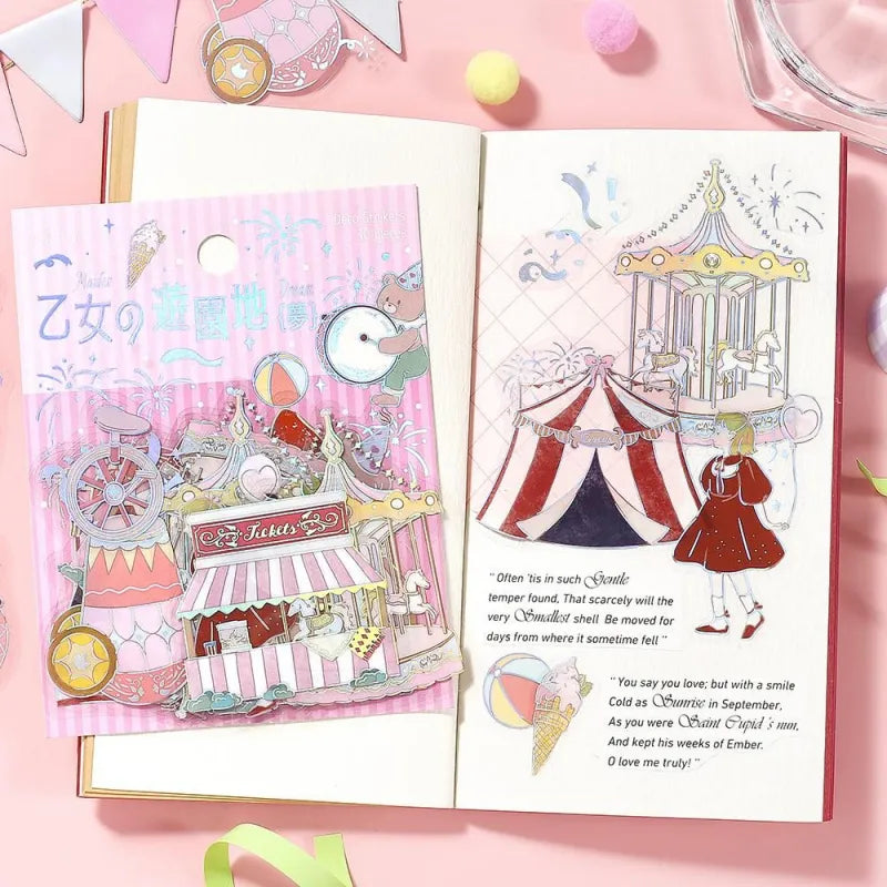BGM Foil Stamping Clear Seal – Maiden’s Amusement Park: Dream design featuring 30 PET sticker sheets with 10 dreamy carousel and amusement park designs per sheet, enhanced with pastel colors and foil accents.