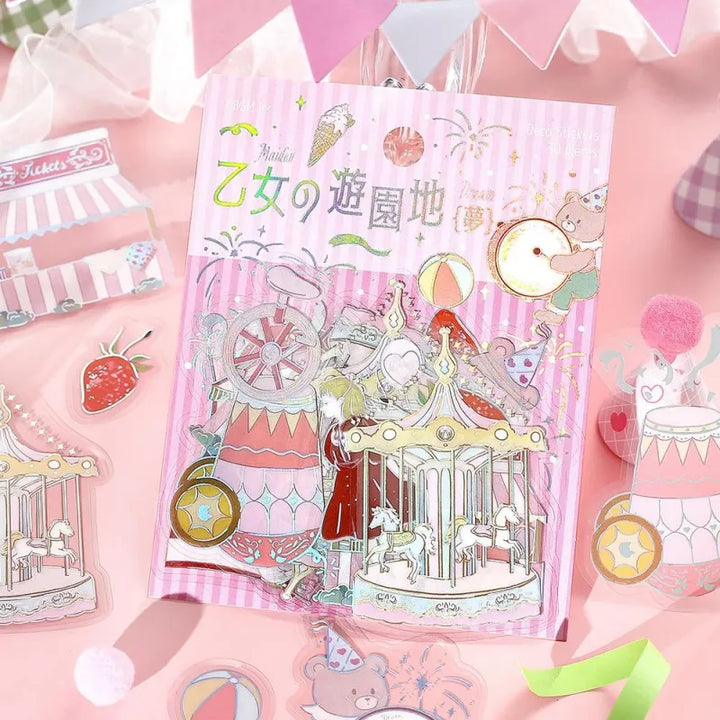 BGM Foil Stamping Clear Seal – Maiden’s Amusement Park: Dream design featuring 30 PET sticker sheets with 10 dreamy carousel and amusement park designs per sheet, enhanced with pastel colors and foil accents.