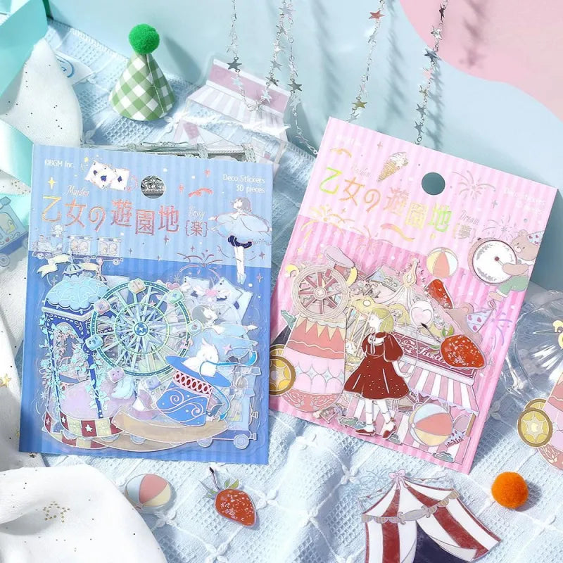 BGM Foil Stamping Clear Seal – Maiden’s Amusement Park: Dream design featuring 30 PET sticker sheets with 10 dreamy carousel and amusement park designs per sheet, enhanced with pastel colors and foil accents.