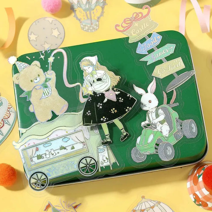BGM Foil Stamping Clear Seal – Maiden’s Amusement Park: Illusion with 30 PET sheets of pastel green-themed designs including castles, air balloons, and whimsical girl, finished with shimmering foil details.