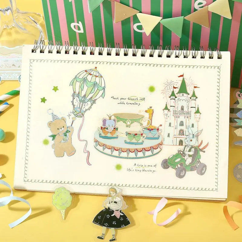 BGM Foil Stamping Clear Seal – Maiden’s Amusement Park: Illusion with 30 PET sheets of pastel green-themed designs including castles, air balloons, and whimsical girl, finished with shimmering foil details.