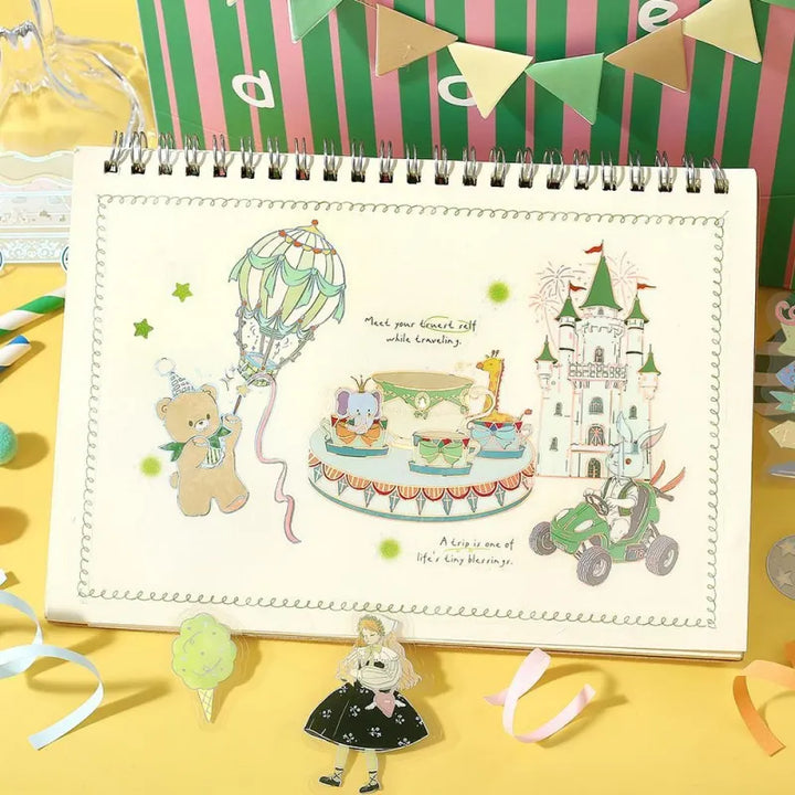 BGM Foil Stamping Clear Seal – Maiden’s Amusement Park: Illusion with 30 PET sheets of pastel green-themed designs including castles, air balloons, and whimsical girl, finished with shimmering foil details.