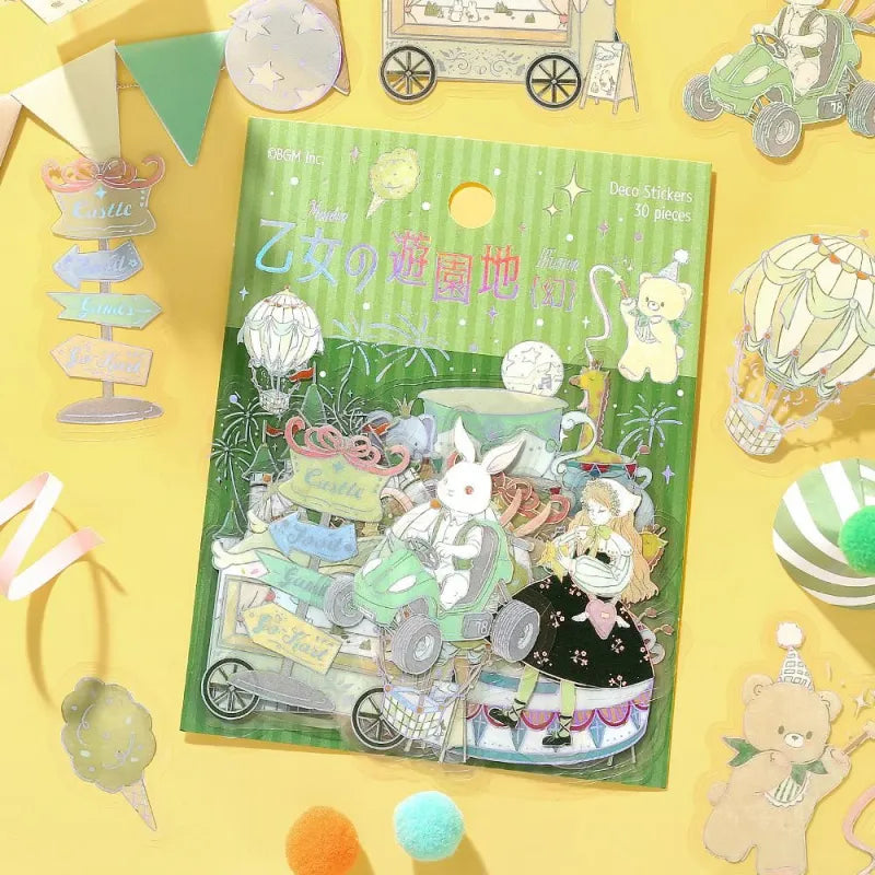 BGM Foil Stamping Clear Seal – Maiden’s Amusement Park: Illusion with 30 PET sheets of pastel green-themed designs including castles, air balloons, and whimsical girl, finished with shimmering foil details.