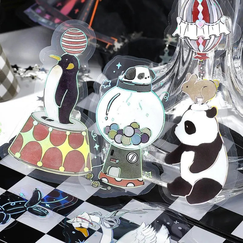 BGM Foil Stamping Clear Seal – Maiden’s Amusement Park: Shadow with 30 PET sheets of black-themed designs featuring panda, swan, penguin, and airplane carousel in a whimsical circus style with foil detailing.