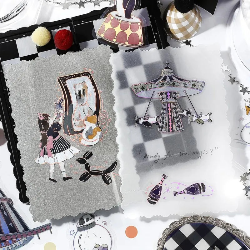 BGM Foil Stamping Clear Seal – Maiden’s Amusement Park: Shadow with 30 PET sheets of black-themed designs featuring panda, swan, penguin, and airplane carousel in a whimsical circus style with foil detailing.