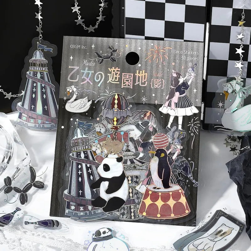 BGM Foil Stamping Clear Seal – Maiden’s Amusement Park: Shadow with 30 PET sheets of black-themed designs featuring panda, swan, penguin, and airplane carousel in a whimsical circus style with foil detailing.