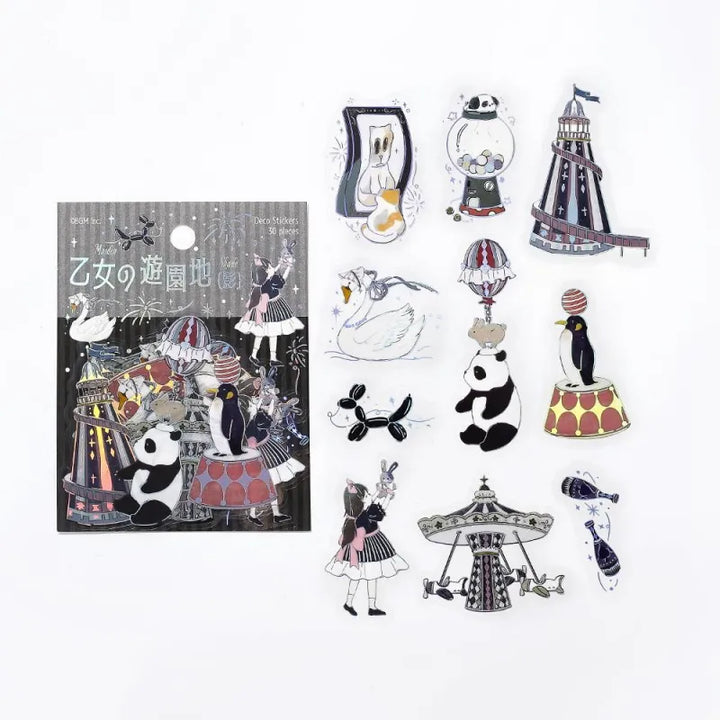 BGM Foil Stamping Clear Seal – Maiden’s Amusement Park: Shadow with 30 PET sheets of black-themed designs featuring panda, swan, penguin, and airplane carousel in a whimsical circus style with foil detailing.
