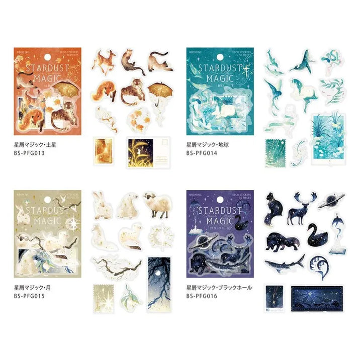 BGM Foil Stamping Clear Seal – Stardust Magic series featuring multiple PET sticker sets inspired by celestial themes, including Venus, Saturn, and other planets. Each set includes 30 sheets with 10 foil-accented space-themed designs per sheet, displayed in colorful packaging with shimmering cosmic motifs.