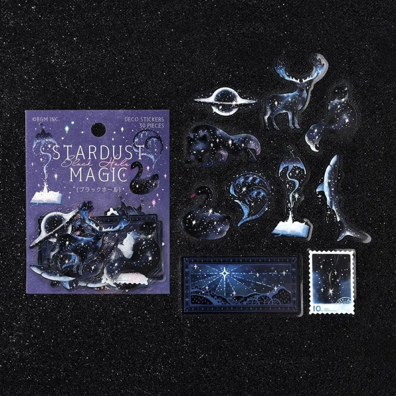 BGM Foil Stamping Clear Seal – Stardust Magic: Black Hole with 30 PET sheets of dark, cosmic designs featuring swirling patterns, stars, and foil accents in deep space tones.