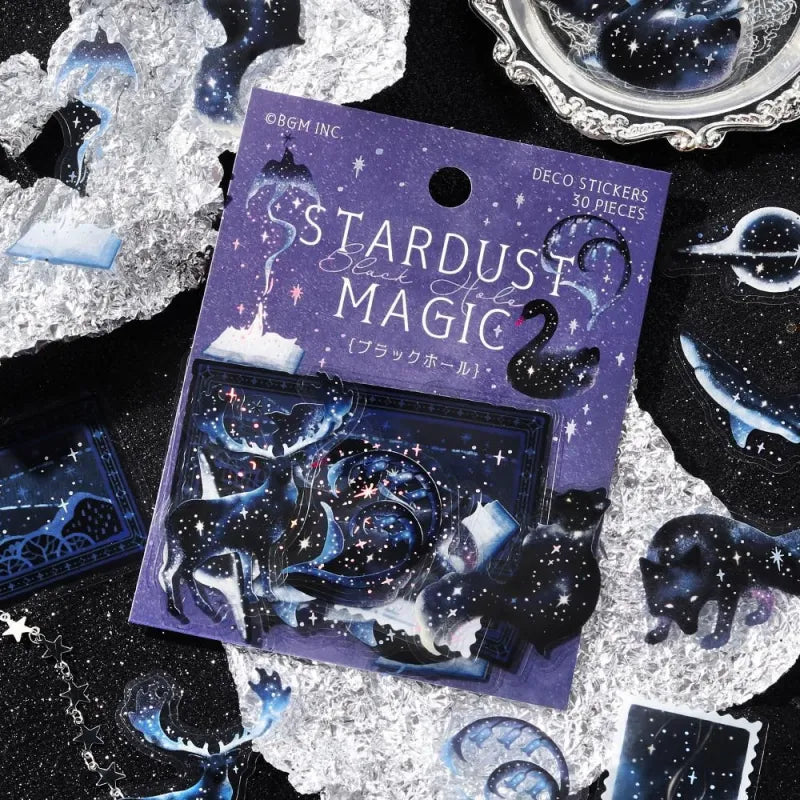 BGM Foil Stamping Clear Seal – Stardust Magic: Black Hole with 30 PET sheets of dark, cosmic designs featuring swirling patterns, stars, and foil accents in deep space tones.