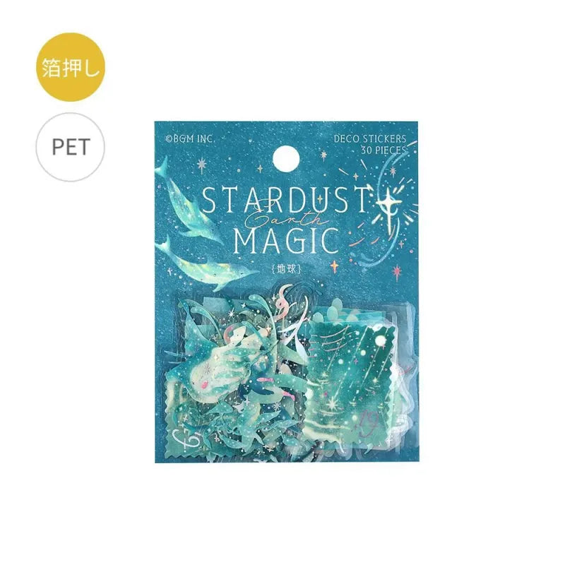 BGM Foil Stamping Clear Seal – Stardust Magic: Earth edition with 30 PET sheets featuring 10 foil-accented stickers per sheet. Designs include skies, clouds, greenery, and planetary motifs in an Earth-inspired color palette.