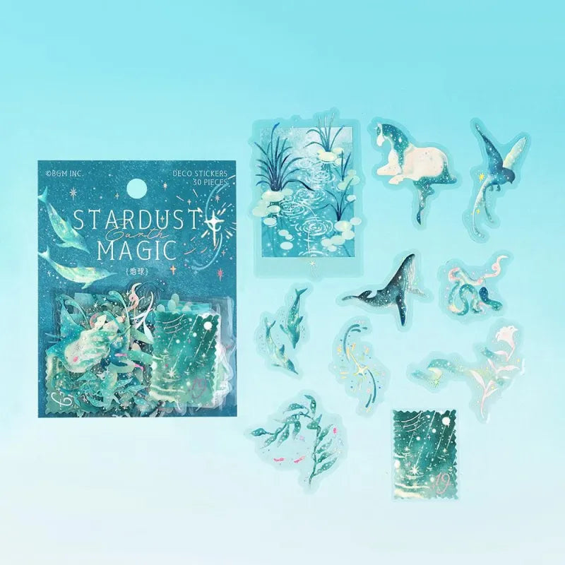 BGM Foil Stamping Clear Seal – Stardust Magic: Earth edition with 30 PET sheets featuring 10 foil-accented stickers per sheet. Designs include skies, clouds, greenery, and planetary motifs in an Earth-inspired color palette.