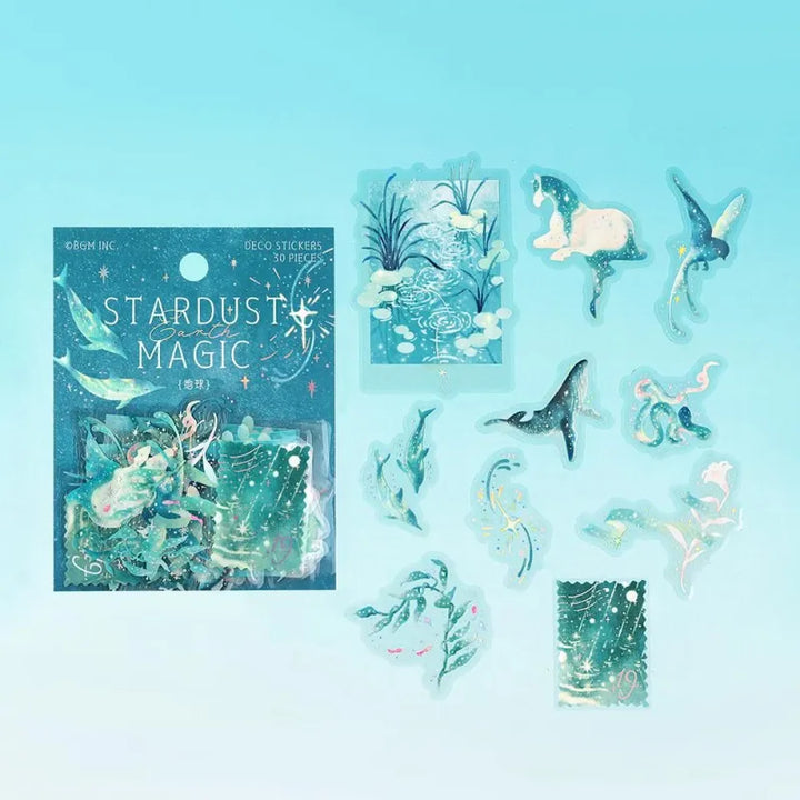 BGM Foil Stamping Clear Seal – Stardust Magic: Earth edition with 30 PET sheets featuring 10 foil-accented stickers per sheet. Designs include skies, clouds, greenery, and planetary motifs in an Earth-inspired color palette.