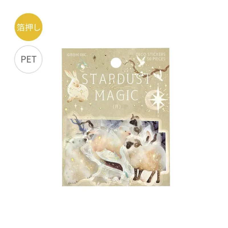BGM Foil Stamping Clear Seal – Stardust Magic: Moon design with 30 PET sticker sheets, each showcasing crescent moons, stars, and constellations with foil accents in dreamy night tones.