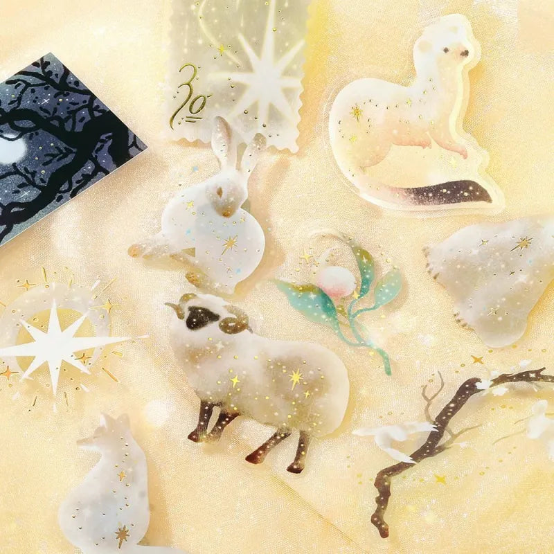 BGM Foil Stamping Clear Seal – Stardust Magic: Moon design with 30 PET sticker sheets, each showcasing crescent moons, stars, and constellations with foil accents in dreamy night tones.