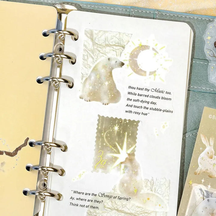 BGM Foil Stamping Clear Seal – Stardust Magic: Moon design with 30 PET sticker sheets, each showcasing crescent moons, stars, and constellations with foil accents in dreamy night tones.