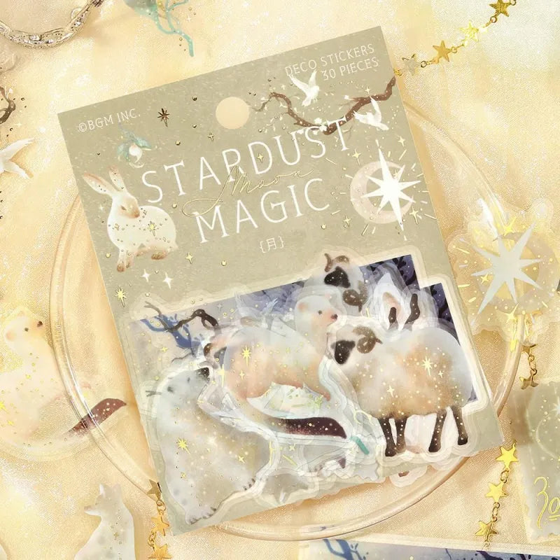 BGM Foil Stamping Clear Seal – Stardust Magic: Moon design with 30 PET sticker sheets, each showcasing crescent moons, stars, and constellations with foil accents in dreamy night tones.