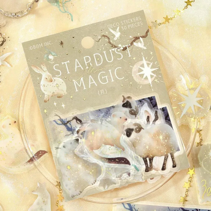 BGM Foil Stamping Clear Seal – Stardust Magic: Moon design with 30 PET sticker sheets, each showcasing crescent moons, stars, and constellations with foil accents in dreamy night tones.