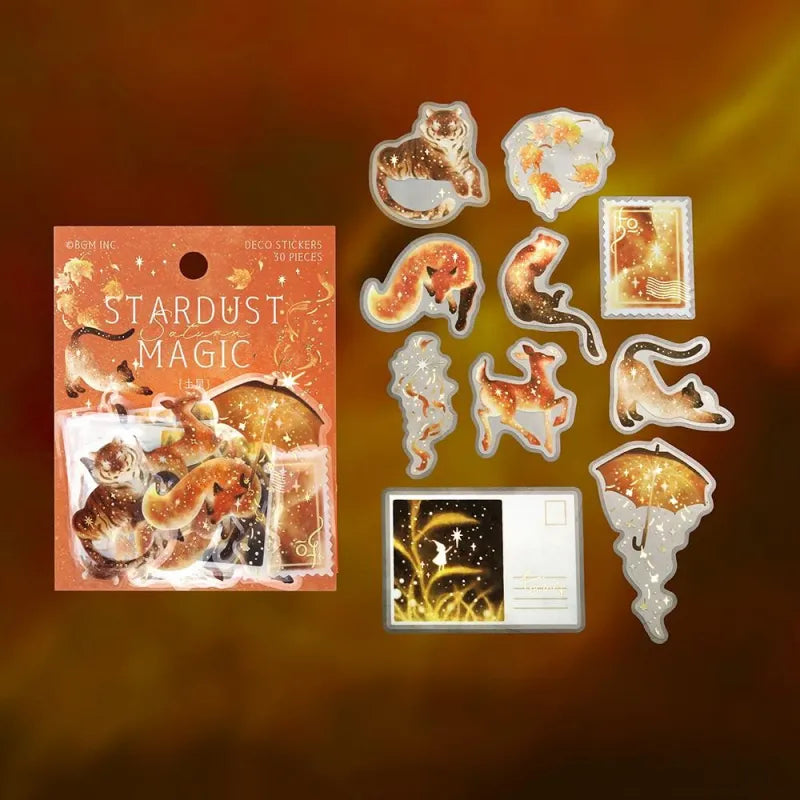 BGM Foil Stamping Clear Seal – Stardust Magic: Saturn design, featuring 30 PET sticker sheets with 10 foil-accented celestial designs per sheet, inspired by Saturn’s rings and space motifs. Includes table paper and resealable bag.