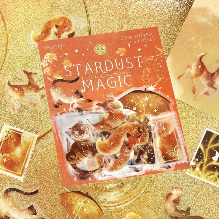 BGM Foil Stamping Clear Seal – Stardust Magic: Saturn design, featuring 30 PET sticker sheets with 10 foil-accented celestial designs per sheet, inspired by Saturn’s rings and space motifs. Includes table paper and resealable bag.