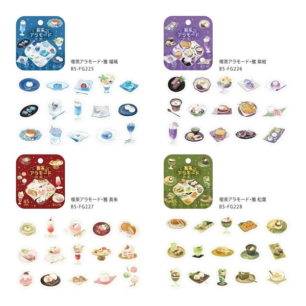 将图片加载到图库查看器，BGM Café Ala Mode Miyabi foil flake stickers in blue, purple, red, and green sets, featuring illustrated café desserts and drinks with metallic accents on washi paper.
