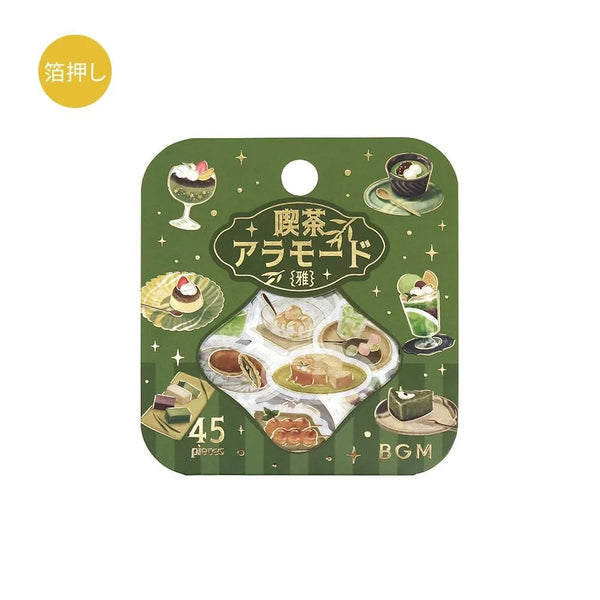 将图片加载到图库查看器，Green matcha-themed café flake sticker sheet with illustrated desserts, tea bowls and small plates accented with foil.
